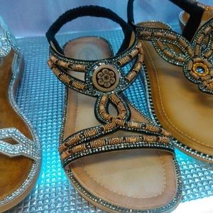 1 Left! Italina BOHO Beaded Open Toe Slingback Low Wedge Padded Slide In Sandal